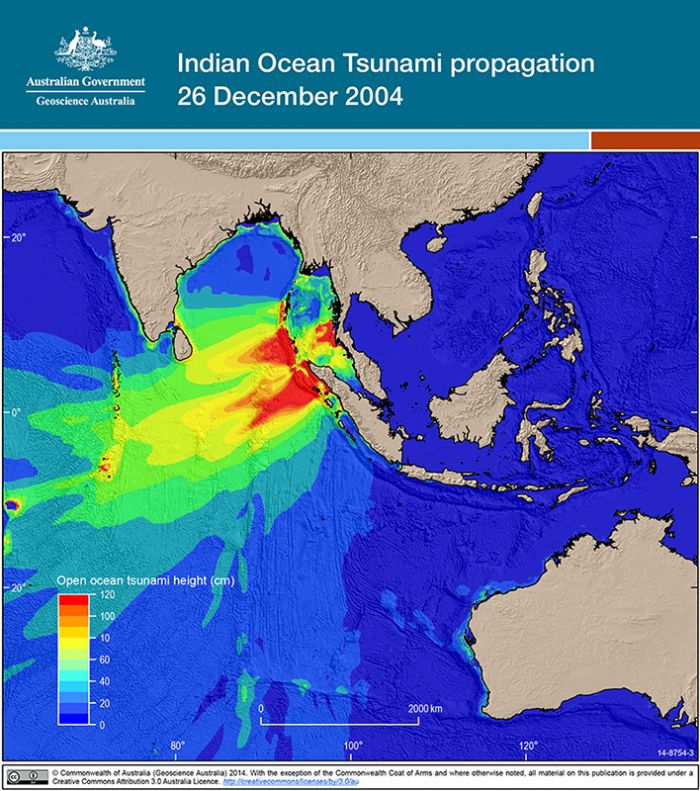 Indian Ocean Tsunami propagation 26 December 2004. Due to the complexity of this image no alternative description has been provided. Please email Geoscience Australia at clientservices@ga.gov.au for an alternate description.
