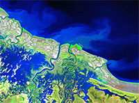 False colour Landsat 5 satellite image of a flooding river
