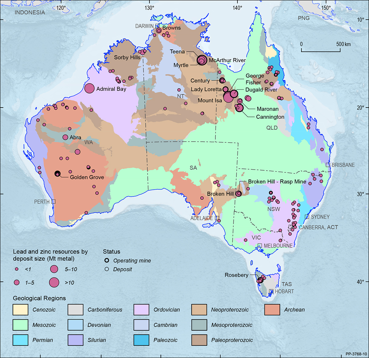 A map showing the Australian continent shaded by the ages of the main geological provinces highlighting the geographical distribution of Australian lead and zinc deposits and operating mines in 2019.