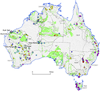 A map of Australia showing distribution of platinum-group-element deposits and occurrence by mineral-system class. A legend is provided which explains the distribution of Mafic and Ultramafic Igneous Rock. Coloured dots show distribution of mineral-system classes.