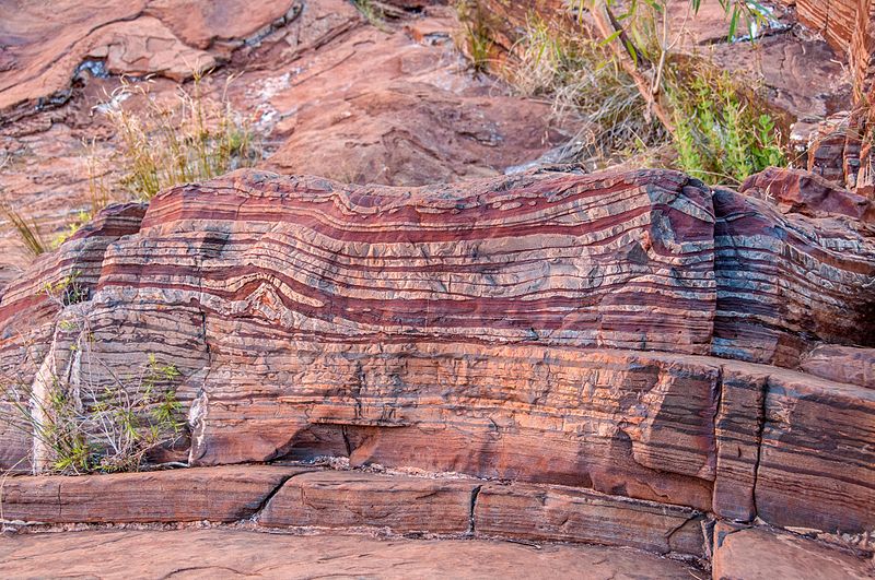 Pink and red coloured layered rock formation