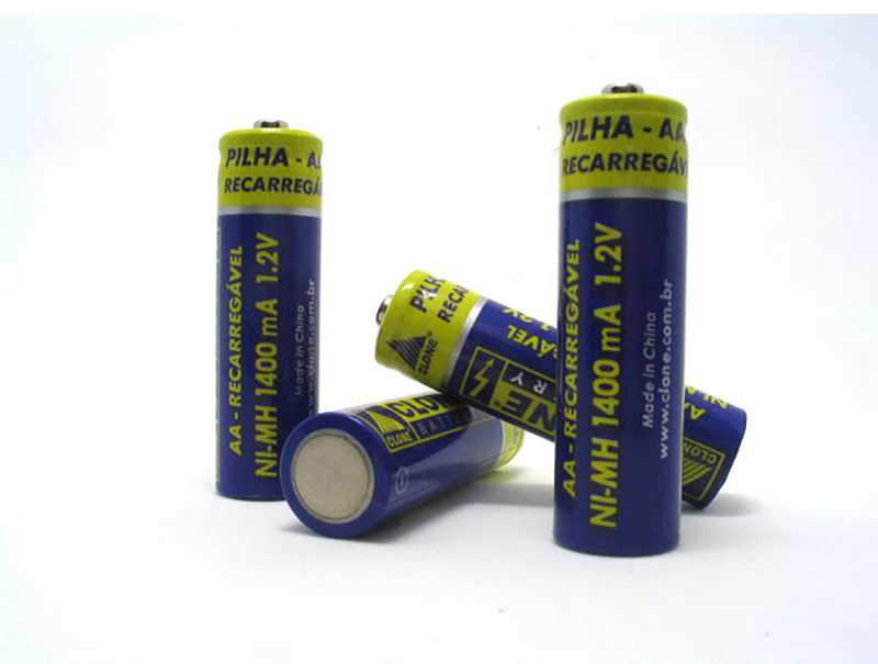 Four blue and yellow AA batteries with Ni-MH 1400mA 1.2 V written on them