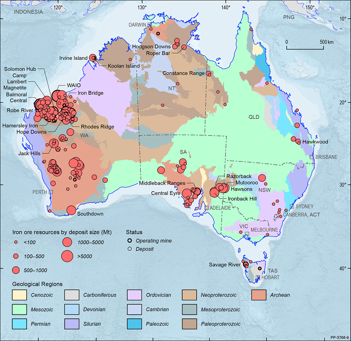 A map showing the Australian continent shaded by the ages of the main geological provinces highlighting the geographical distribution of Australian iron ore deposits and operating mines in 2019.