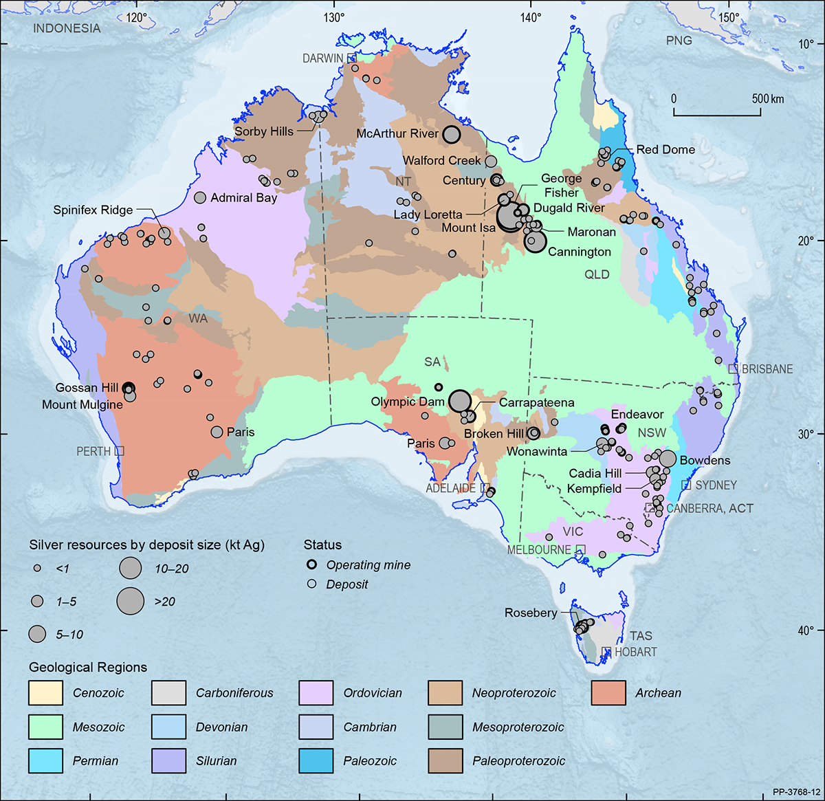 A map showing the Australian continent shaded by the ages of the main geological provinces highlighting the geographical distribution of Australian silver deposits and operating mines in 2019.