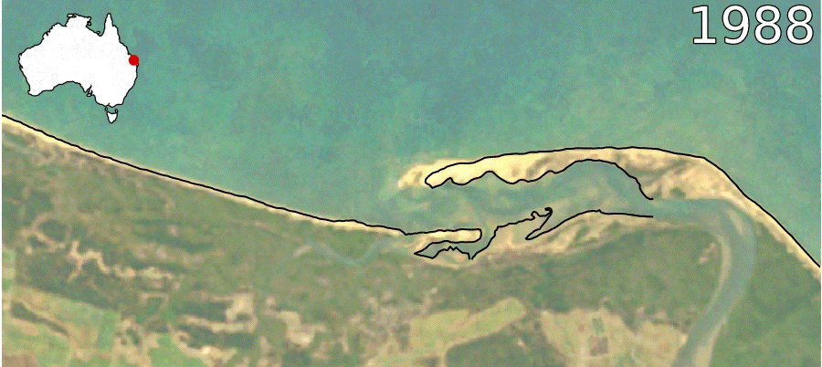 Animation of DEA Coastlines data capturing complex coastal change at the mouth of the Burnett River north of Bundaberg, including the breaching of the sand spit at Barubbra Island in 2006.