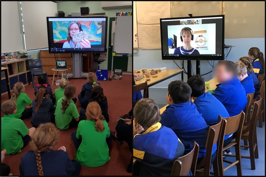 Students looking at a tv watching an online presentation