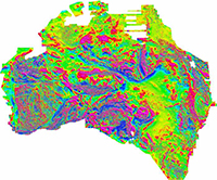 A map of Australia with different colours representing magnetic variations of minerals within the subsurface geology.