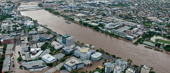 Aerial photo of the Brisbane River and city during flood