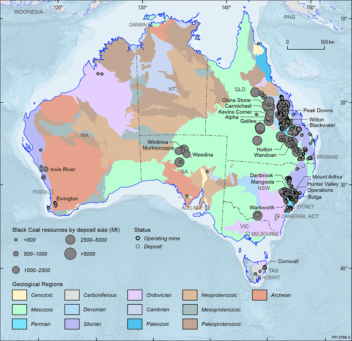 A map showing the Australian continent shaded by the ages of the main geological provinces highlighting the geographical distribution of Australian black coal deposits and operating mines 2019.