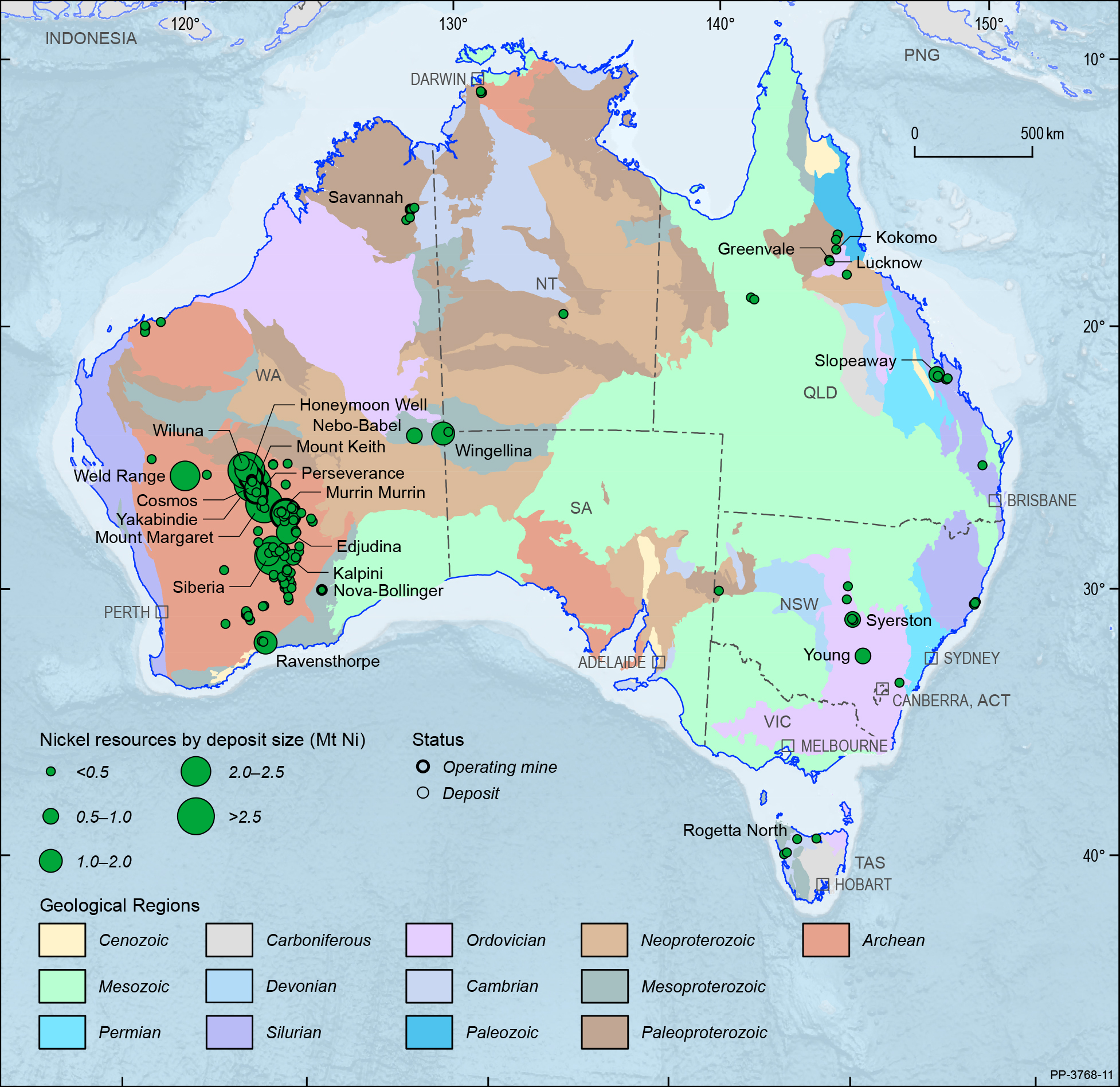 A map showing the Australian continent shaded by the ages of the main geological provinces highlighting the geographical distribution of Australian nickel deposits and operating mines in 2019.