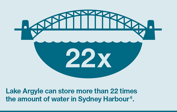 Lake Argyle can store more than 22 times the amount of water in Sydney Harbour.