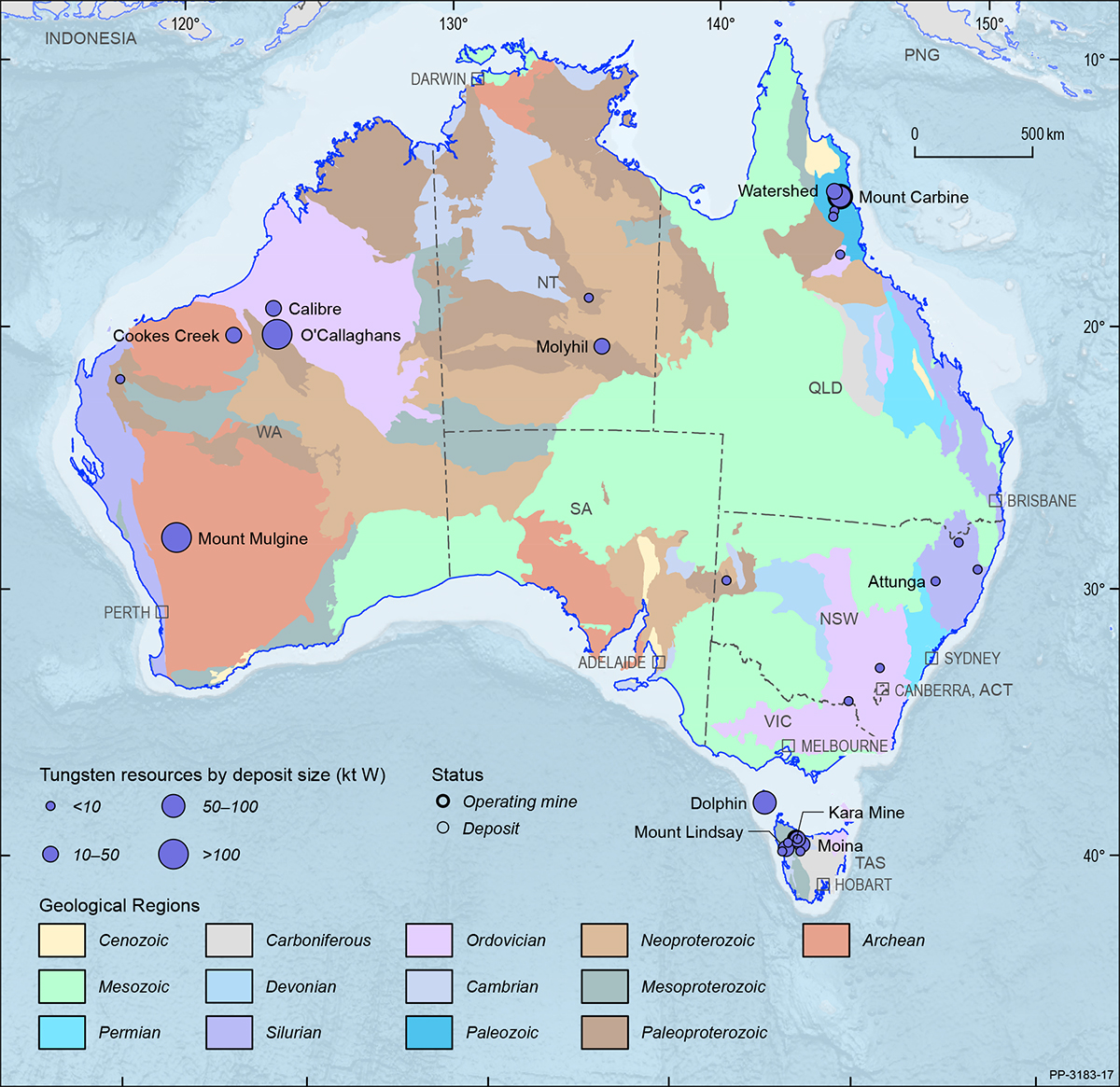 A map showing the Australian continent shaded by the ages of the main geological provinces highlighting the geographical distribution of Australian tungsten deposits and operating mines in 2019.