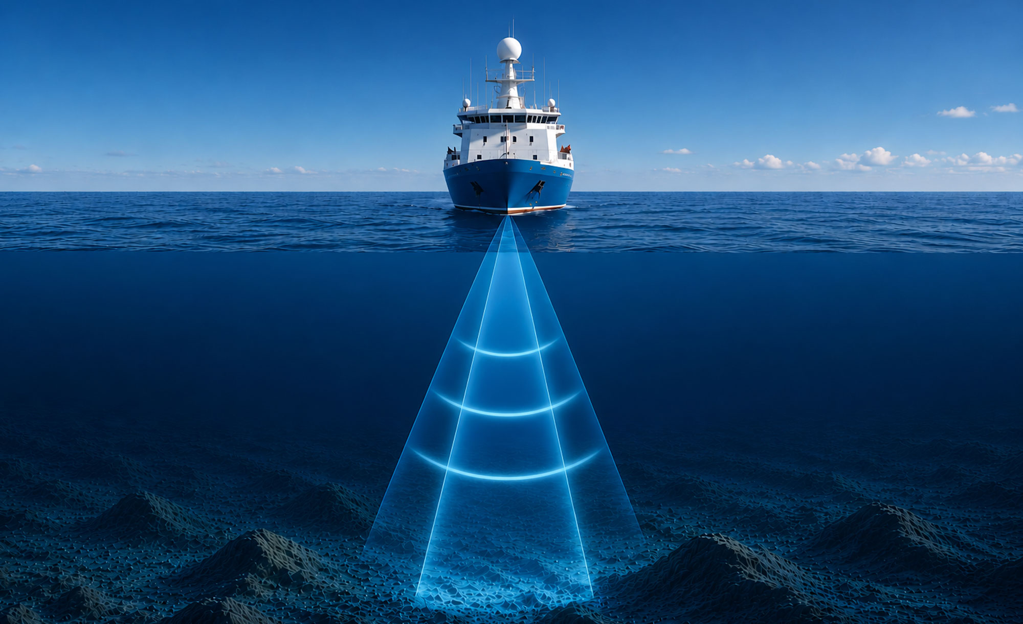 Survey vessel using sonar to map the depth and shape of the seabed