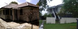 Before photo of a single story weatherboard house damaged by flood, compared with an after image showing modified two storey house.