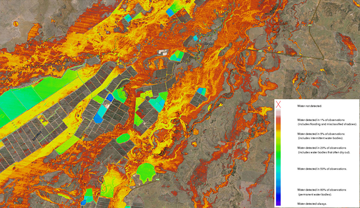  Satellite image of observed surface water around Dirranbandi, QLD. The colouring of this summary layer indicates how often water was observed in each cell with possible floods appearing in the low values (red to yellow colours) while consistent water bodies such as lakes and dams have high values (blue to purple colours)