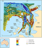 A location map showing the areas of collected bathymetry data in Bynoe Harbour, which is located adjacent to Darwin Harbour in the Northern Territory
