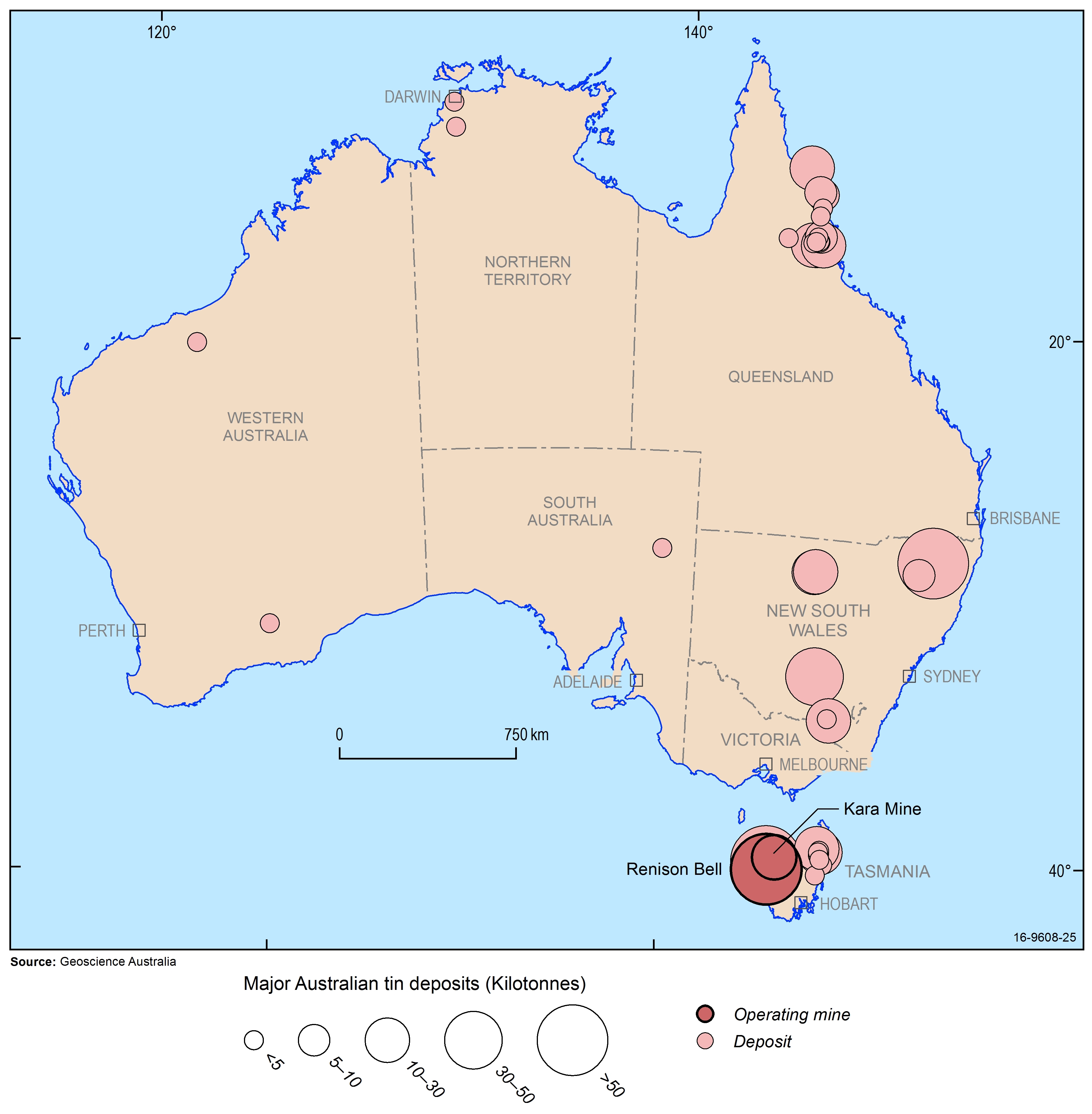 Map of Australia indicating locations of major tin deposits and mines