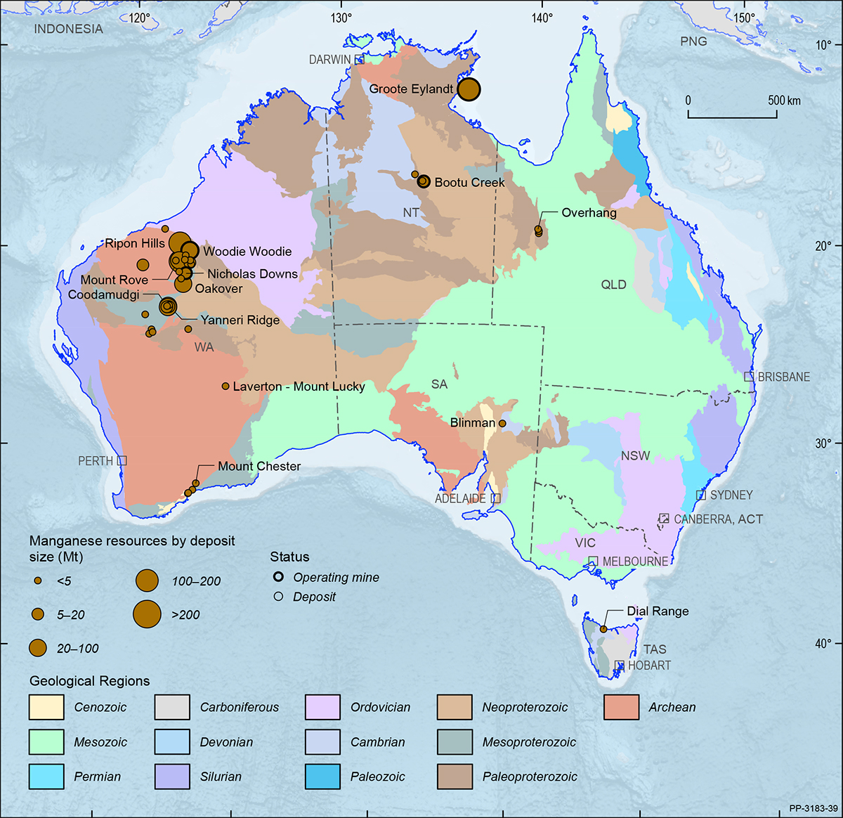 A map showing the Australian continent shaded by the ages of the main geological provinces highlighting the geographical distribution of Australian manganese deposits and operating mines in 2019.
