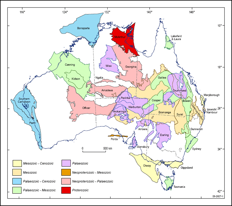 Map of Australian continent showing distribution of onshore sedimentary basins