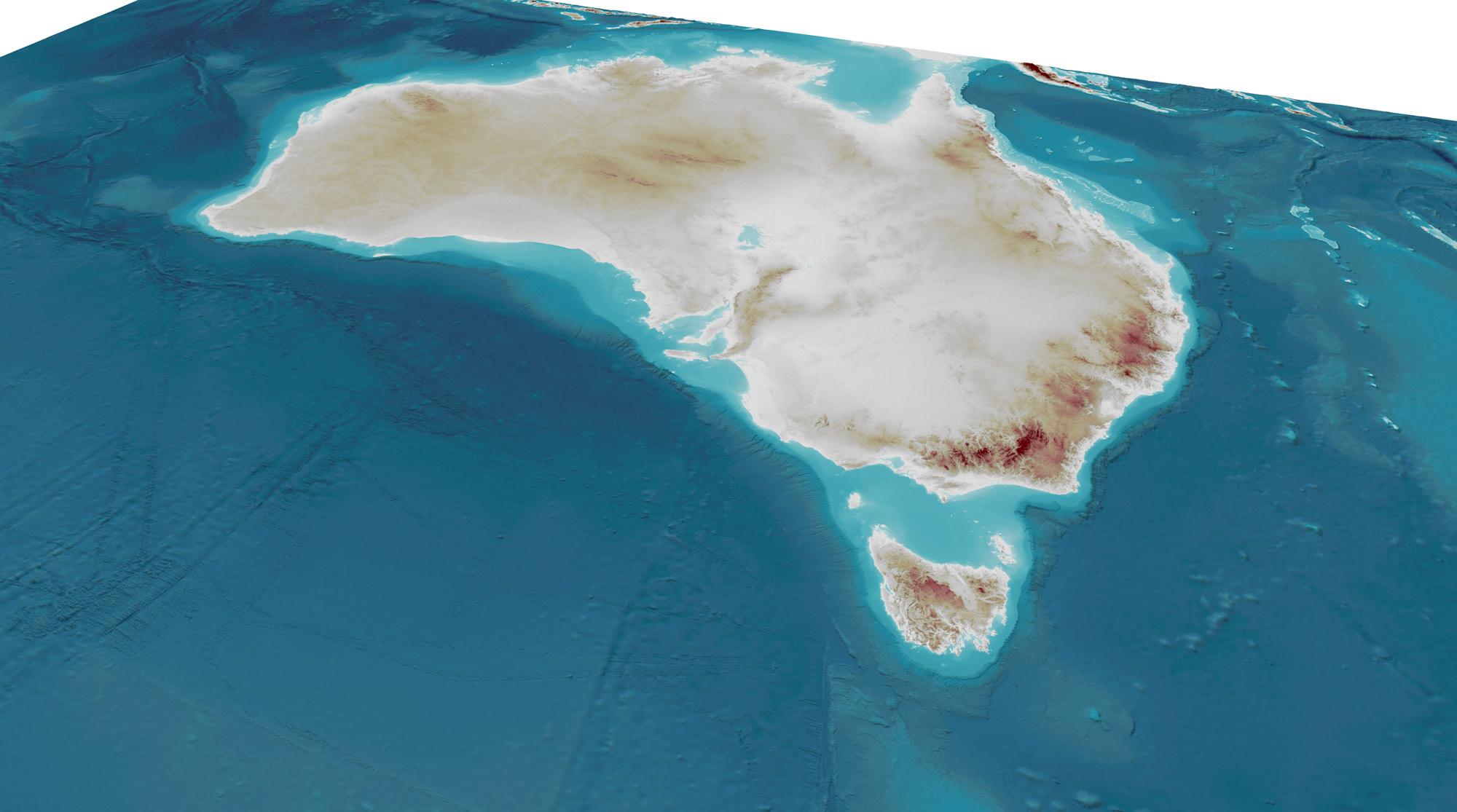 Oblique 3D view of Australia combining terrestrial topography and surrounding seabed bathymetry in a single high-resolution elevation model