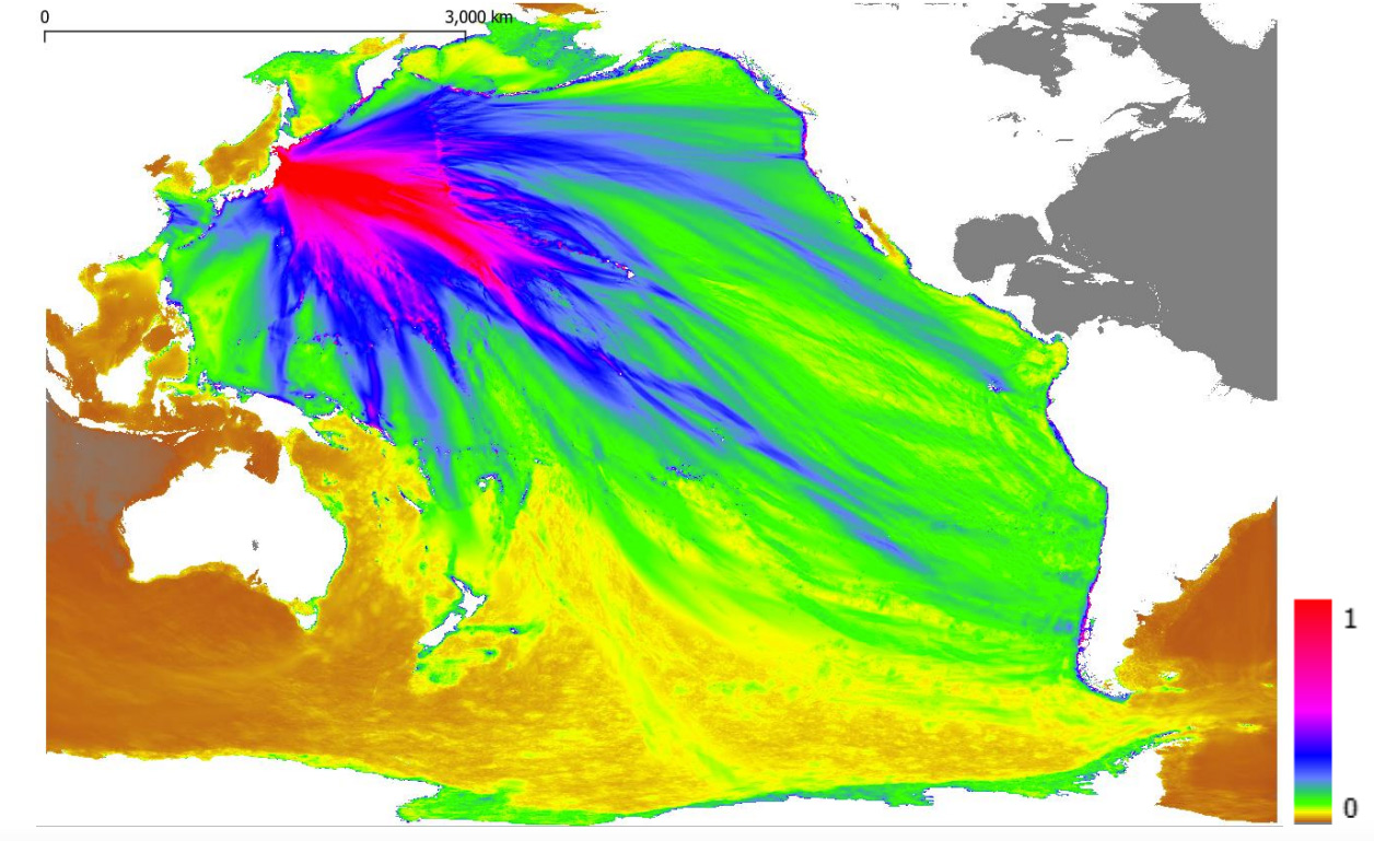 Screenshot from a tsunami simulation showing predicted water levels along the Queensland coast near Gladstone, Agnes Water, Heron Island and Lady Elliot Island approximately 3 hours and 37 minutes after an earthquake