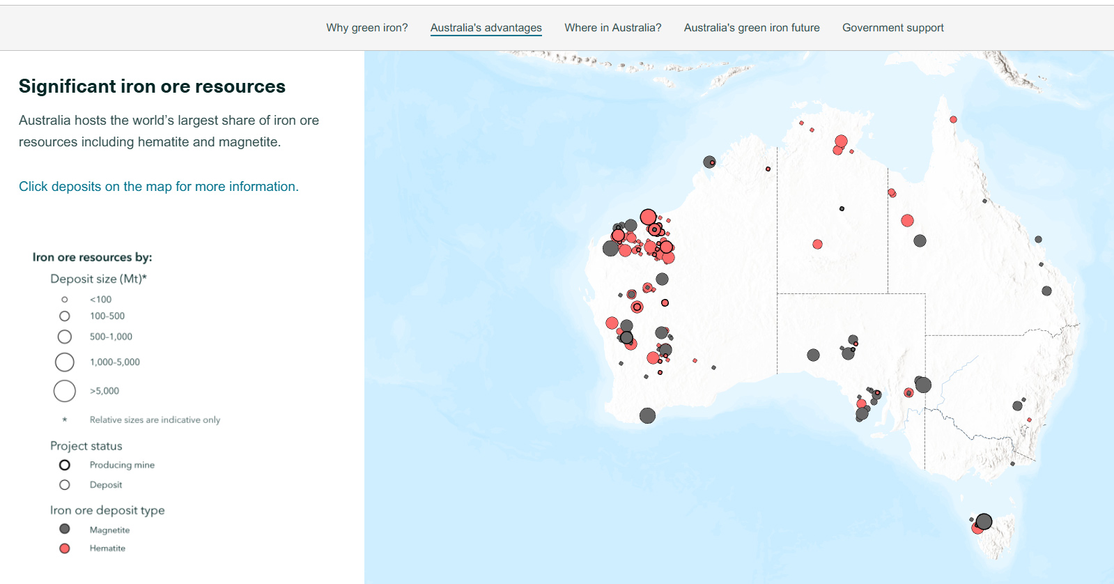 A map of Australia showing the distribution of iron ore resources including magnetite and hematite.