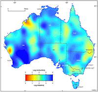 A 3D visualisation of a computer model of the electoral properties of the Australian continent. Blue colours show areas of low electrical conductivity, grading through to red showing high conductivity.