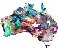 A map of Australia with different colours showing concentrations of the naturally-occurring radioelements potassium, uranium and thorium by measuring the gamma-rays emitted from their radioactive decay.