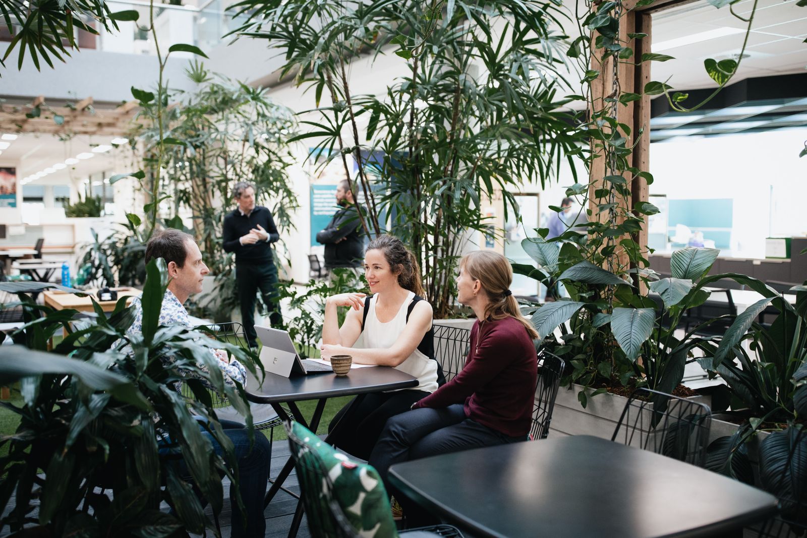 Staff talking in an office space