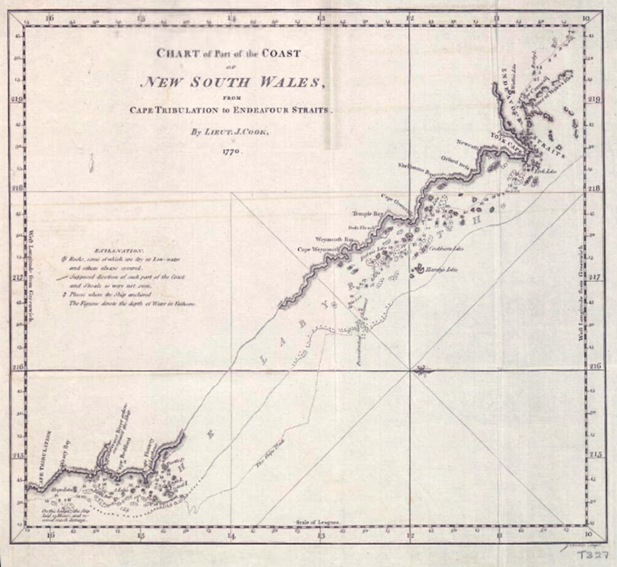 Captain Cook's map of the Great Barrier Reef, from Cape Tribulation to Cape Flattery