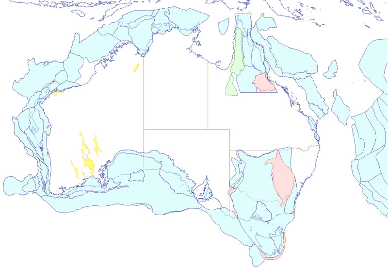 Map of Australia with outlines of onshore and offshore provinces