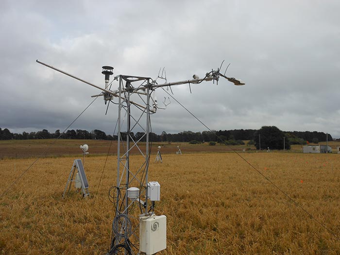 Eddy covariance tower (foreground) and wireless networked array of solar powered CO<sub>2</sub> stations (background)
