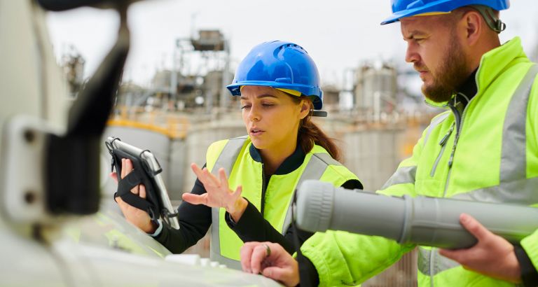 Two people in safety vests and hardhats at an energy project