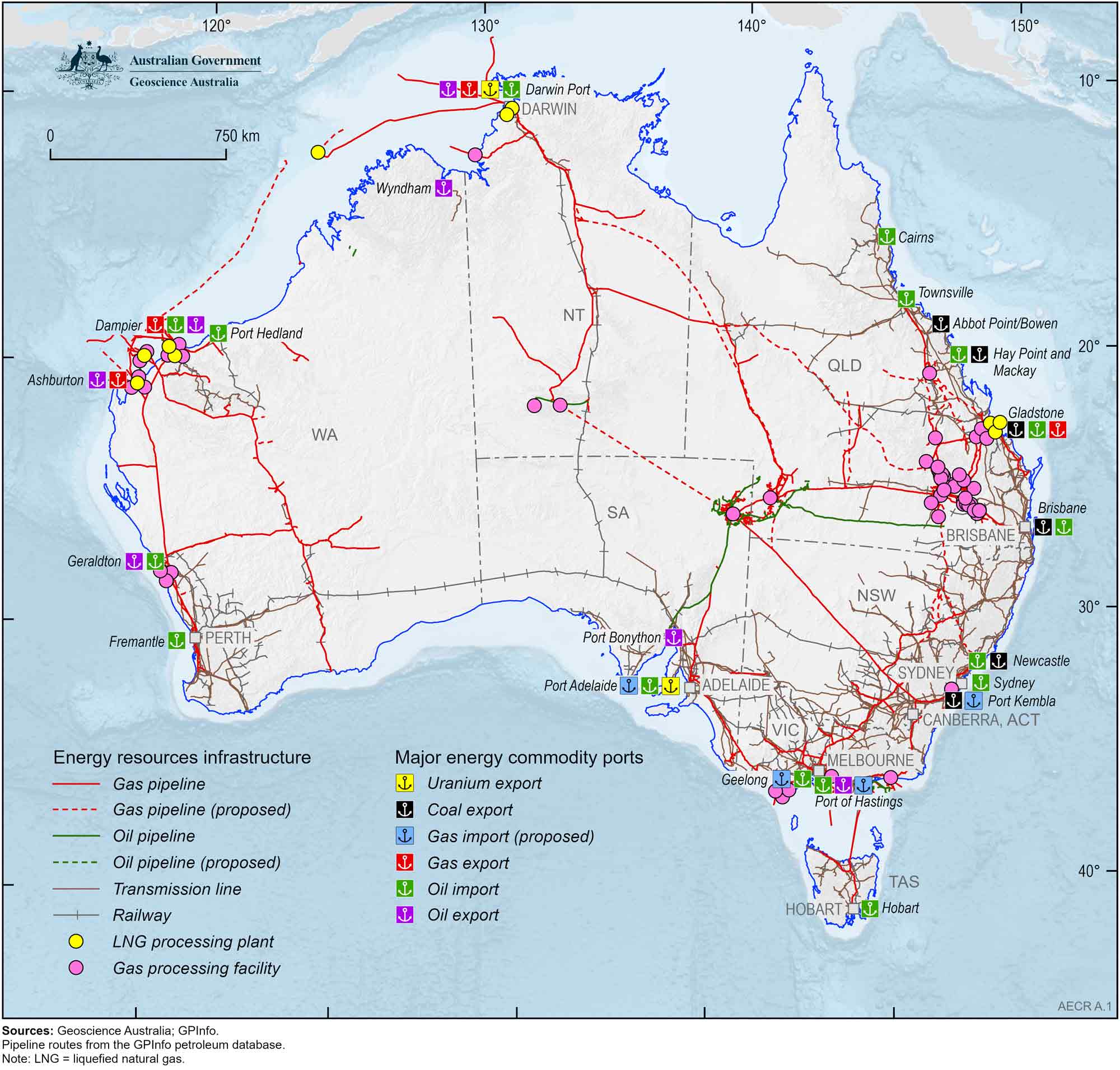 A map of Australia showing Australia’s energy resources infrastructure including pipelines, gas processing facilities and ports