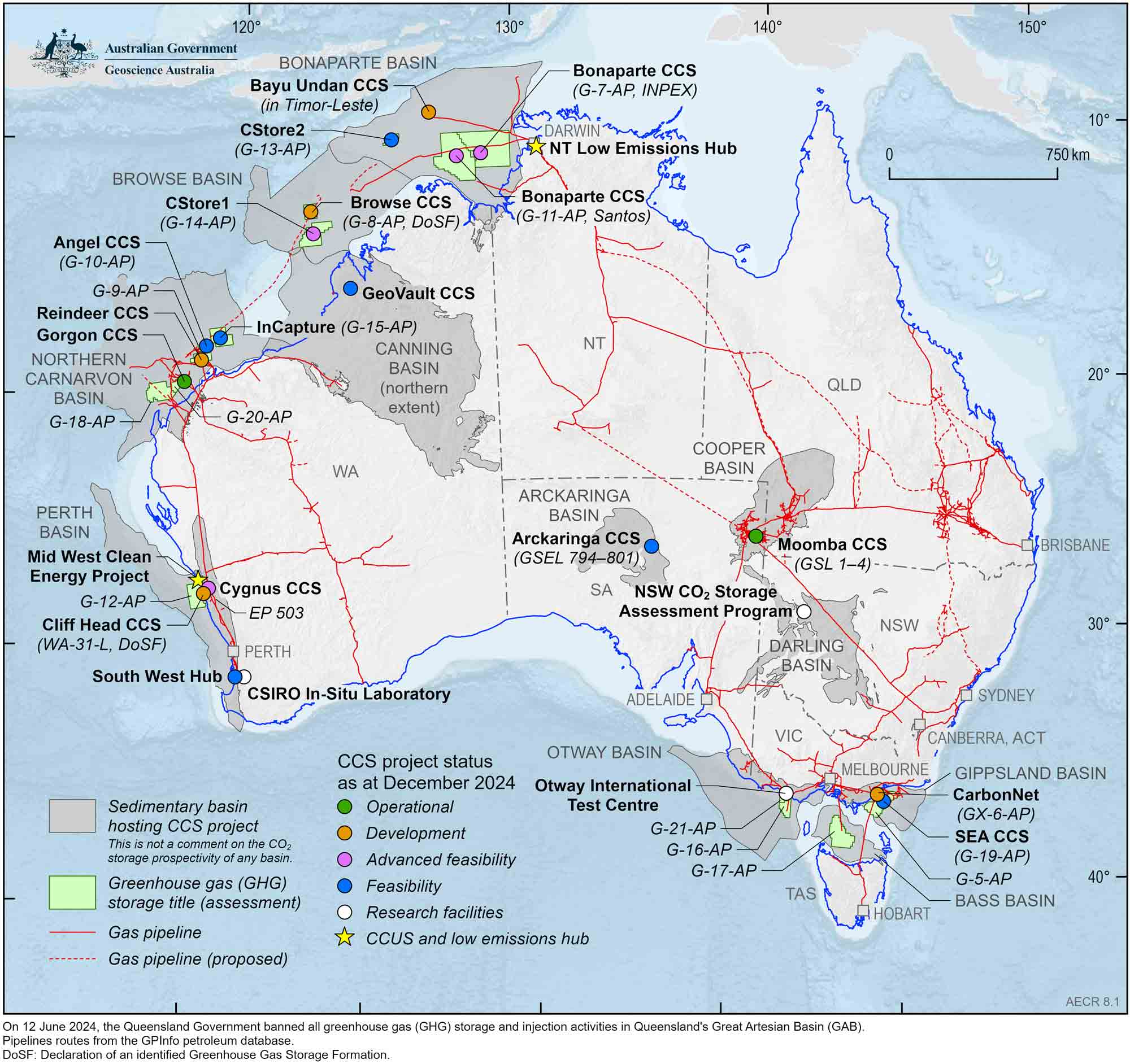 A map of Australia showing the location of Australian CCS Projects within their host sedimentary basin (as of December 2024).