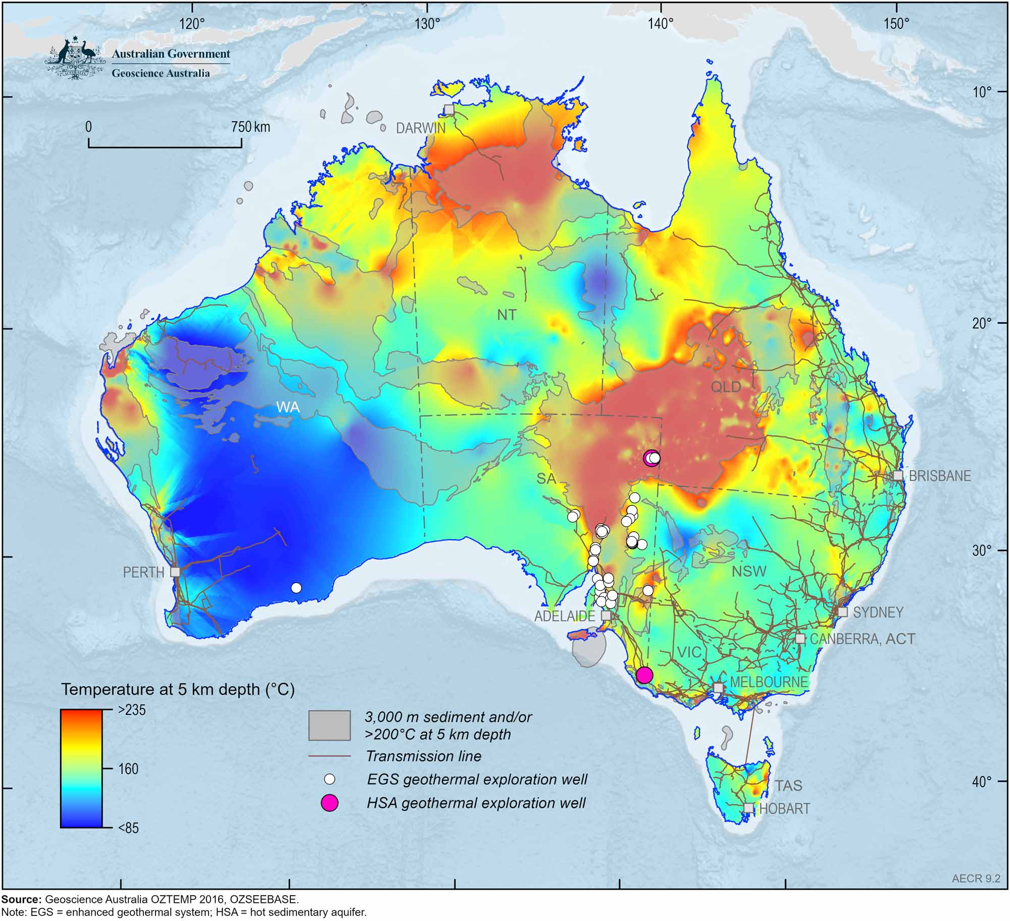 A map of Australia showing the predicted temperature at 5 km depth, showing geothermal exploration wells and regions with >3 km sediment depth and/or predicted temperature of >200°C at 5 km