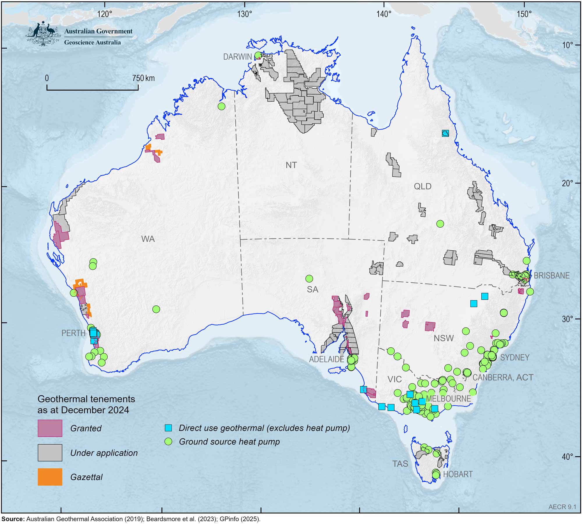 A map of Australia showing Australian geothermal projects and current geothermal tenements as of December 2024.