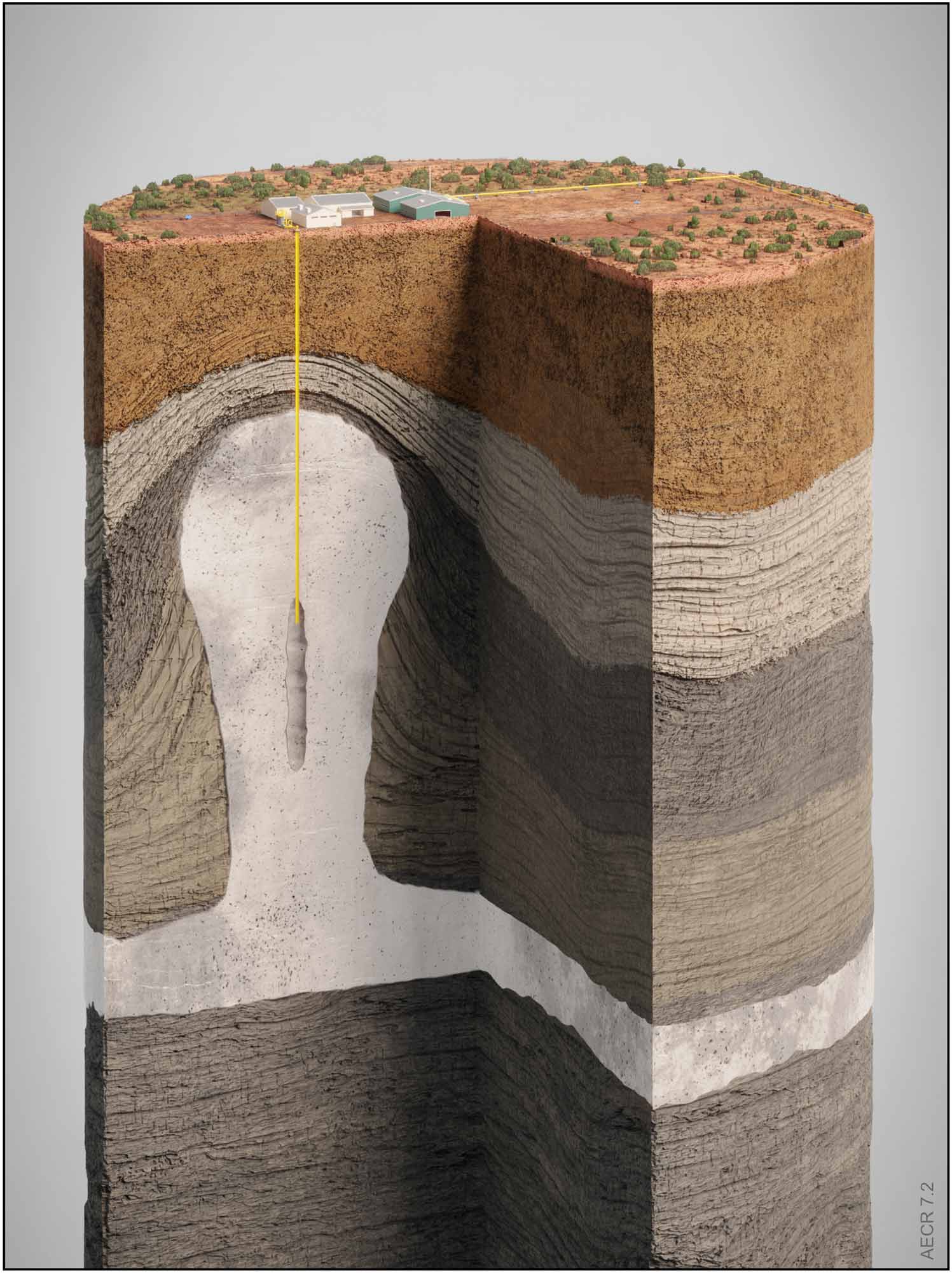 A schematic illustration Underground hydrogen storage in a salt cavern.