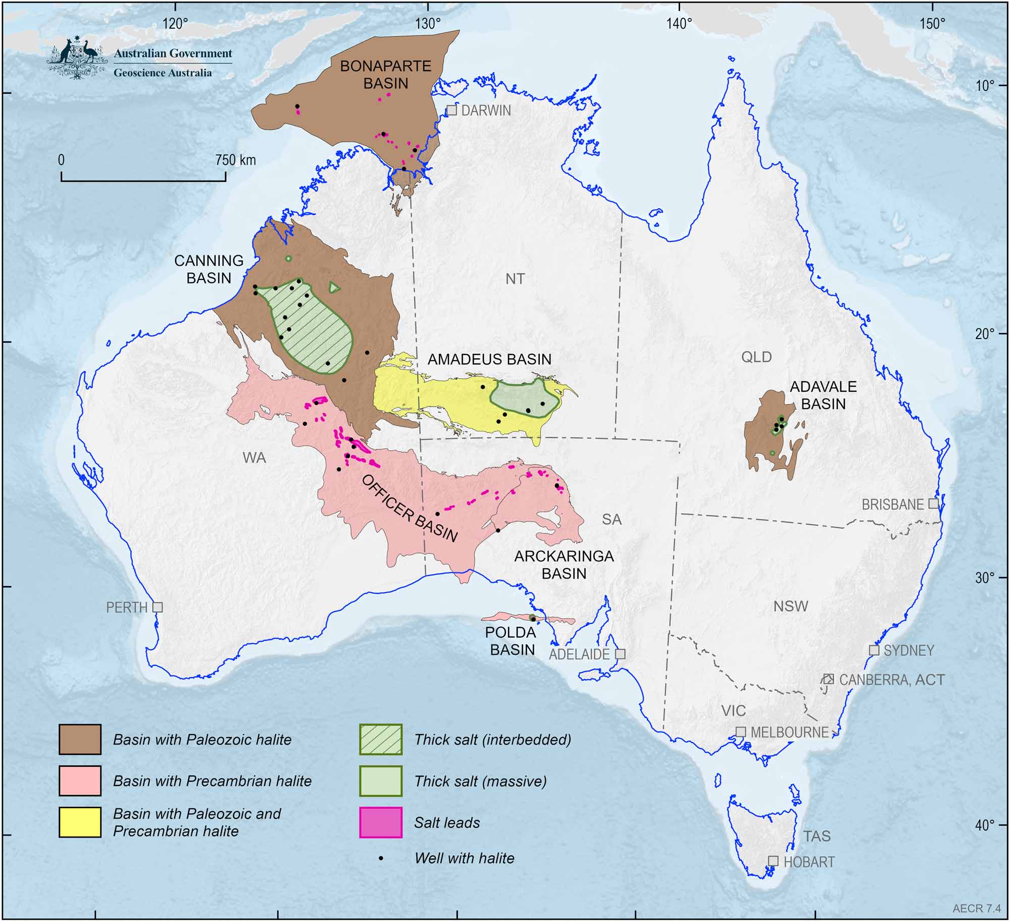 A map of Australia showing basins with known occurrences of rock salt across Australia.
