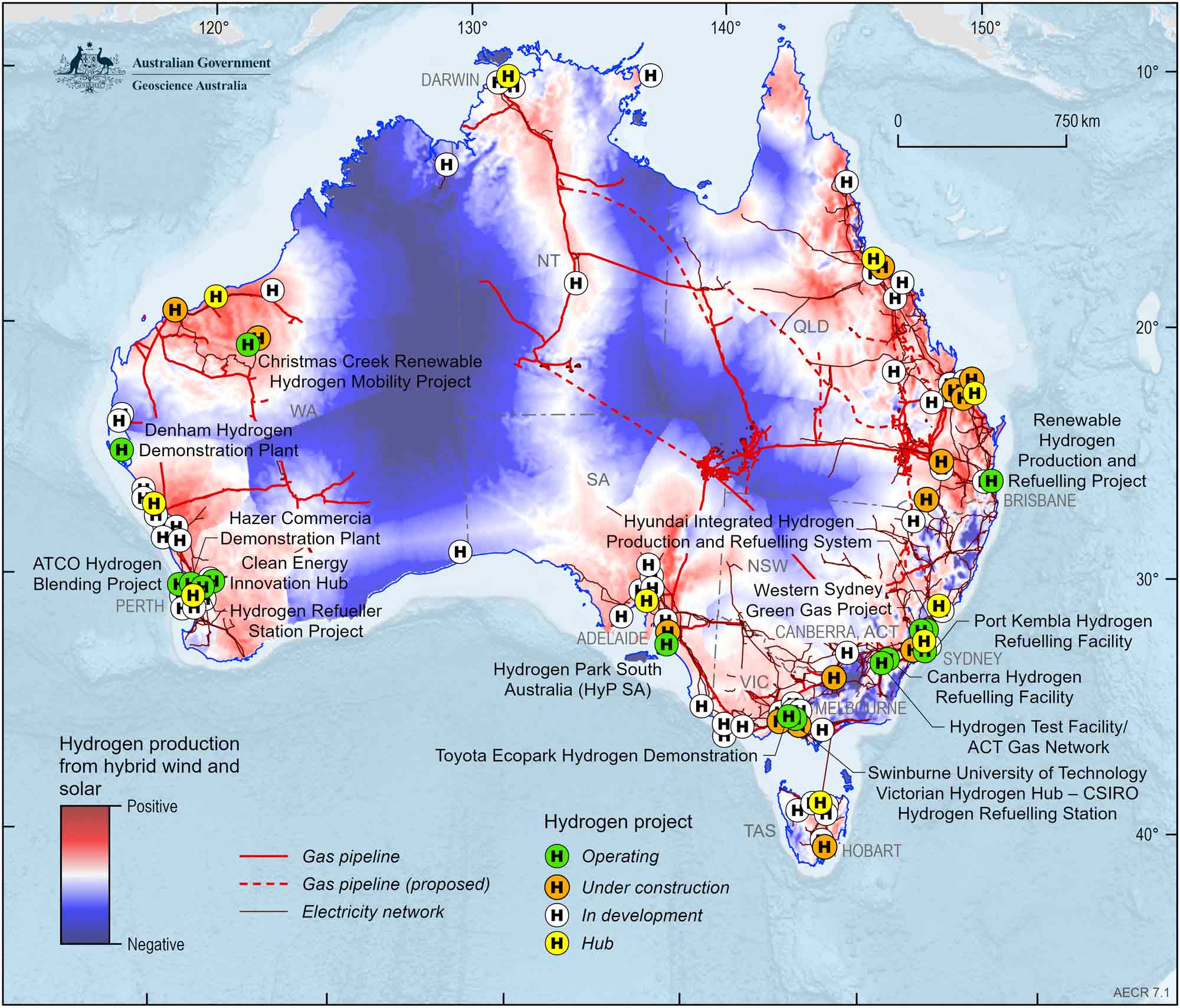 A map of Australia showing Locations and status of hydrogen projects and proposed hydrogen hubs in Australia as of December 2024. Also shown are areas of high suitability for hybrid wind and solar hydrogen production in Australia
