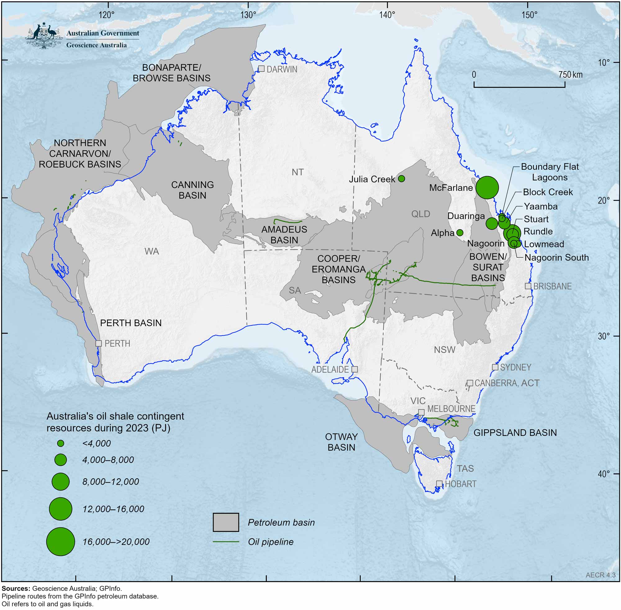 A map of Australia showing Australia’s oil shale contingent resources (2C) during 2023 (PJ)
