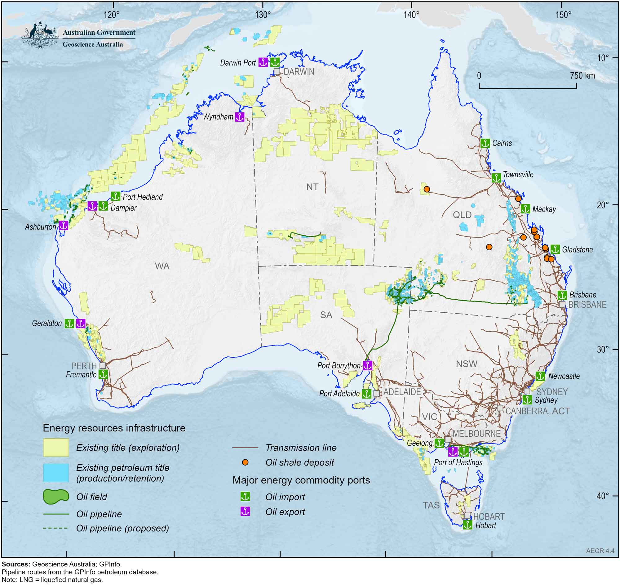 A map of Australia showing Australia’s oil fields, infrastructure and petroleum permits.