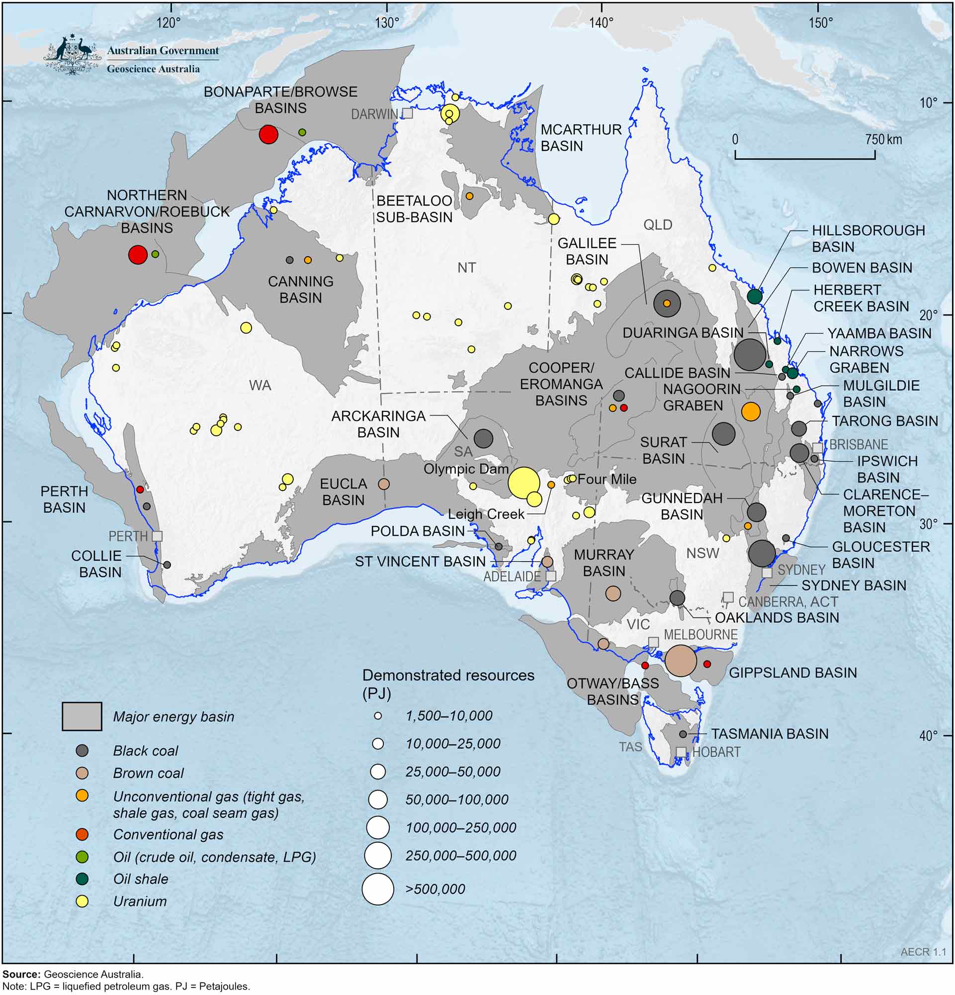 A map of Australia showing the distribution of Australia’s major non-renewable energy resources in 2023, by geological basin or deposit