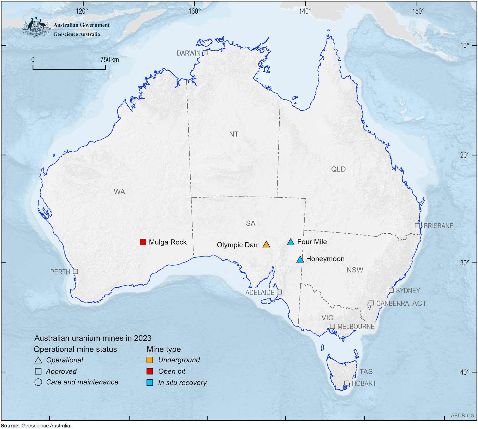 A map of Australia showing the location of Australia’s uranium mines, 2023.