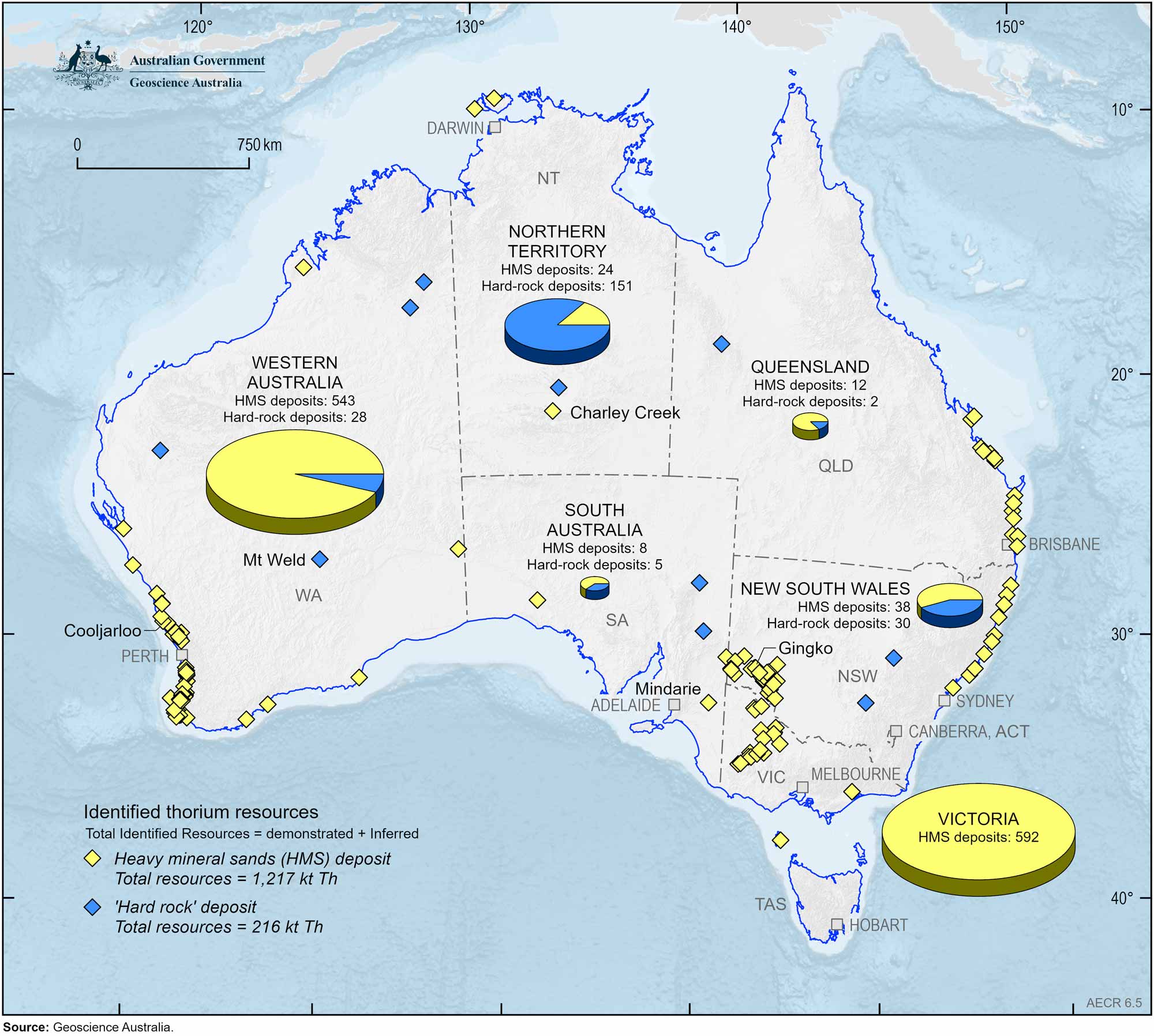 A map of Australia showing Australia’s identified thorium resources in heavy mineral sand and ‘hard rock’ deposits, 2023.