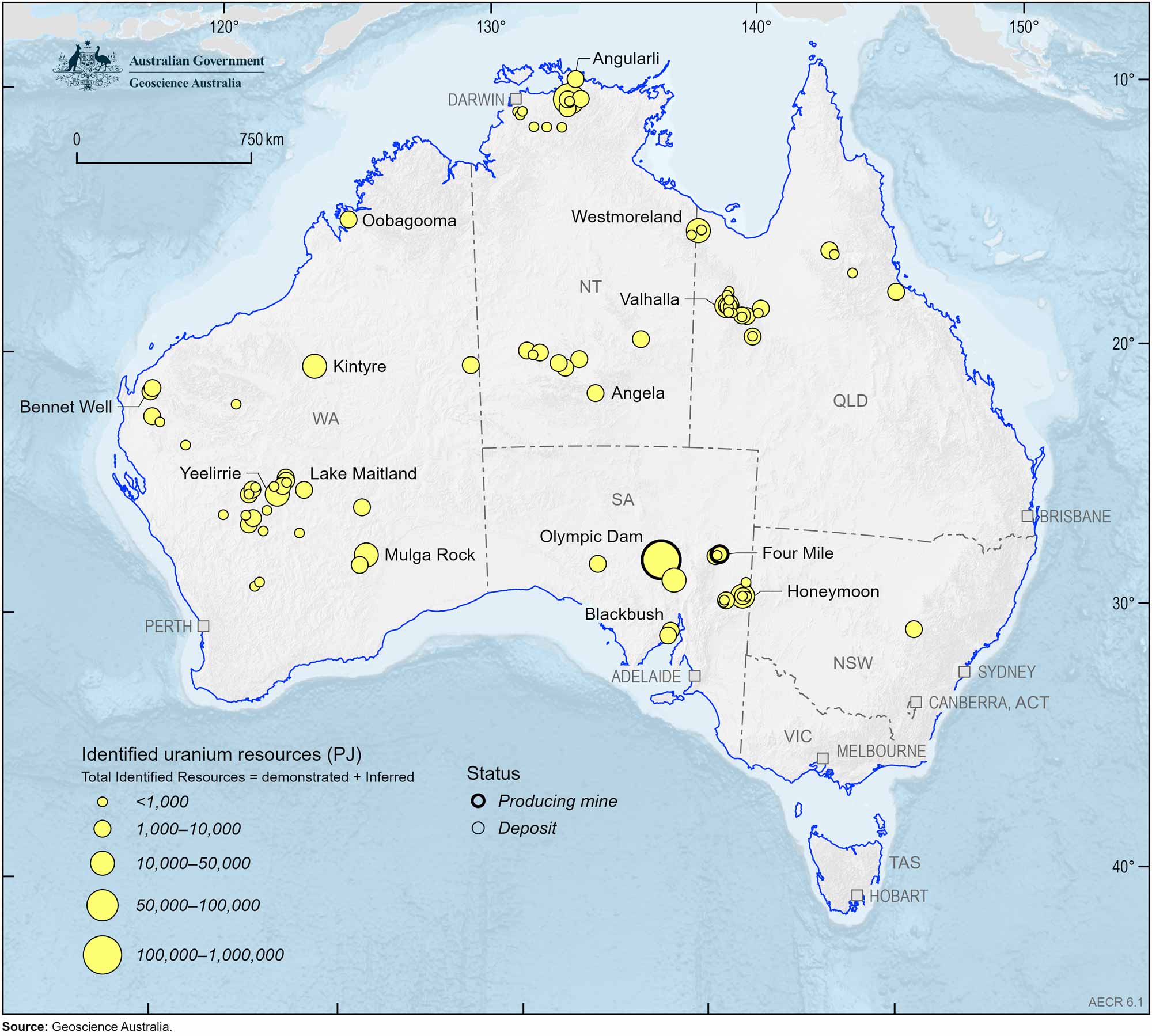 A map of Australia showing Australia’s identified uranium resources by deposit (PJ), 2023.