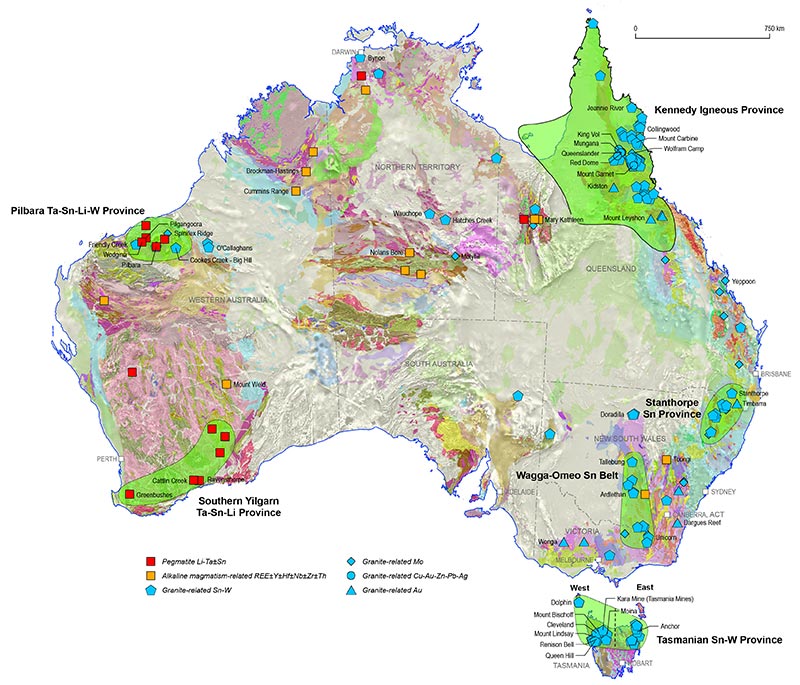 Figure 1.5.2 This figure illustrates the locations of significant mineral deposits associated with granites and the extent of selected felsic magmatic provinces and granite-related mineral provinces. These locations are presented on a base composed of a transparent surface geology over reduced-to-pole aeromagnetic data. For more information contact clientservices@ga.gov.au.