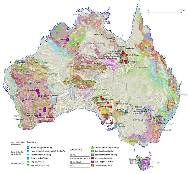 Figure 1.5.4 This figure illustrates the locations of major operating mines or recently closed mines that have potential to, or already, produce certain critical elements. These locations are presented on a base composed of a transparent surface geology over reduced-to-pole aeromagnetic data. For more information contact clientservices@ga.gov.au.