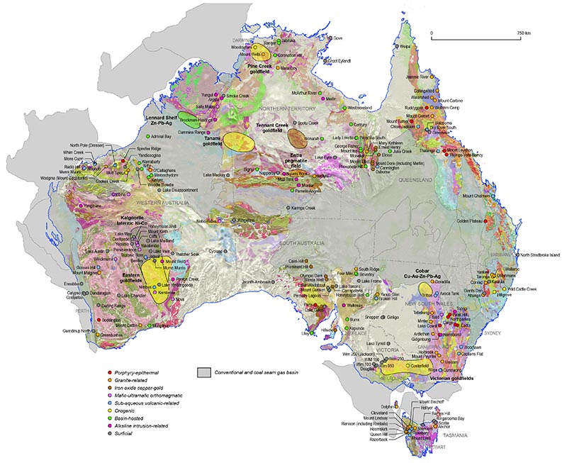 Figure 2.1.1 This figure illustrates the locations of deposits and other features discussed in the text (locations mainly from OZMIN and MINLOC). These locations keyed according to mineral system are presented on a base composed of a transparent surface geology over reduced-to-pole aeromagnetic data. For more information contact clientservices@ga.gov.au.