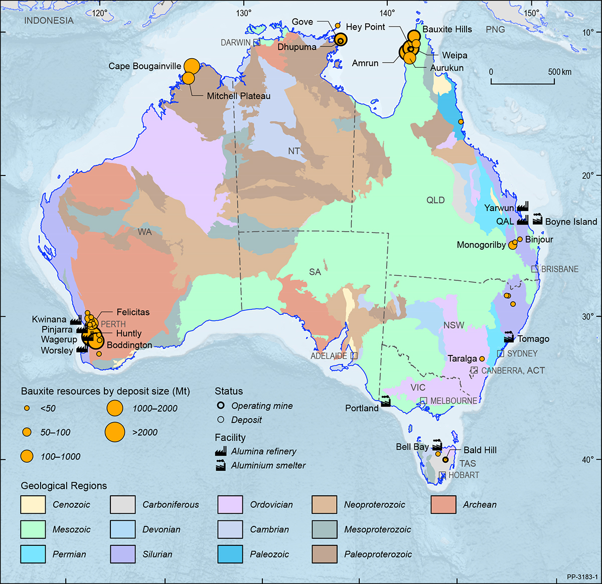 This figure is a map showing the Australian continent shaded by the ages of the main geological provinces highlighting the geographical distribution of Australian bauxite deposits, operating mines, alumina refineries and aluminium smelters in 2018.